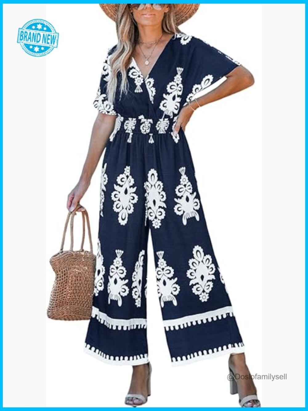 Wide Leg Jumpsuit with Pockets Smocked High Waist Boho Vacation Beach